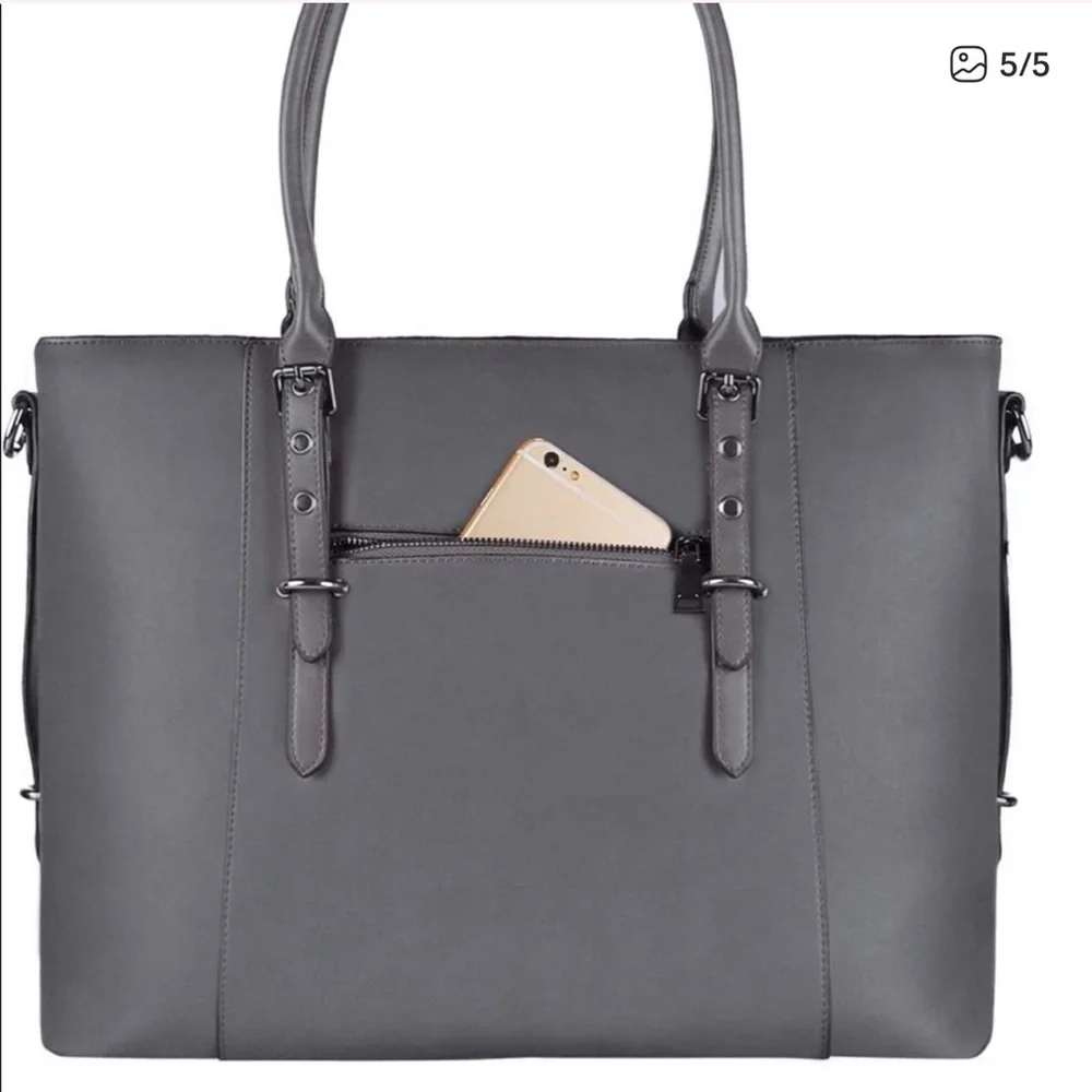 Men's Gray Leather Messenger Tote Bag with Detachable Strap